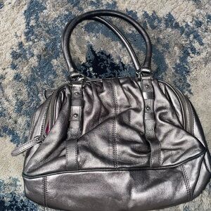 Cole Haan Cornelia triple zip satchel handbag in silver smooth soft leather.